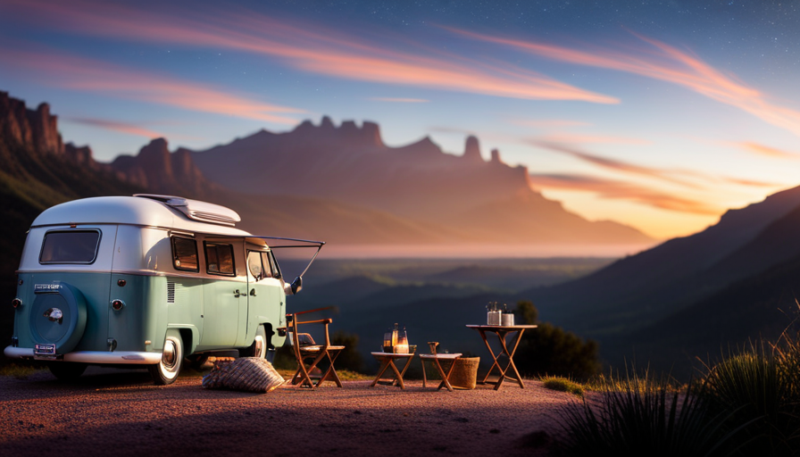 An image showcasing a compact, fully equipped camper van nestled amidst a serene natural backdrop