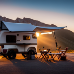 An image showcasing a compact slide-in camper nestled atop a rugged pickup truck bed
