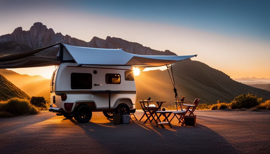 An image showcasing a compact slide-in camper nestled atop a rugged pickup truck bed