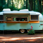 An image that showcases a cozy teardrop camper nestled amidst lush greenery, with its sleek silver exterior gleaming in the sunlight