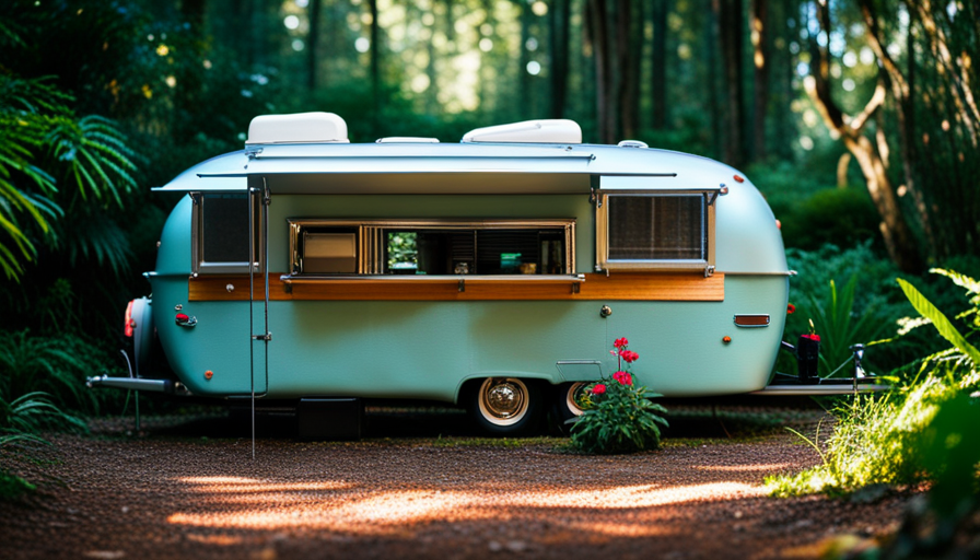 An image that showcases a cozy teardrop camper nestled amidst lush greenery, with its sleek silver exterior gleaming in the sunlight