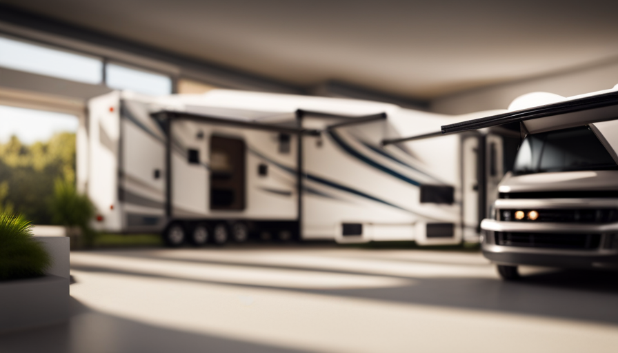An image showcasing a spacious and versatile toy hauler camper, with its rear ramp door open to reveal a fully equipped garage