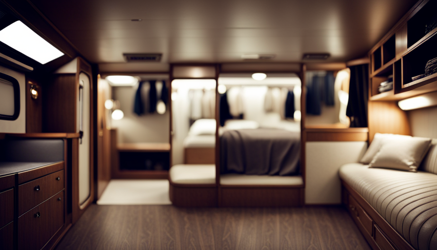 An image showcasing the interior of a camper, focusing on a cozy and compact ward