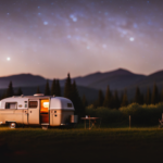 An image showcasing a vibrant, retro-style camper van parked amidst a picturesque wilderness setting, with its rooftop tent popped open, cozy outdoor seating, and a campfire crackling nearby under a starry night sky