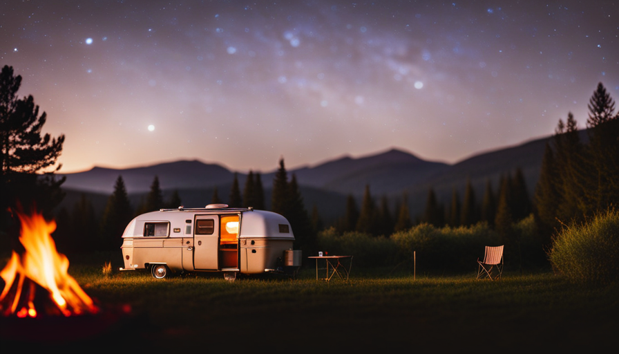 An image showcasing a vibrant, retro-style camper van parked amidst a picturesque wilderness setting, with its rooftop tent popped open, cozy outdoor seating, and a campfire crackling nearby under a starry night sky