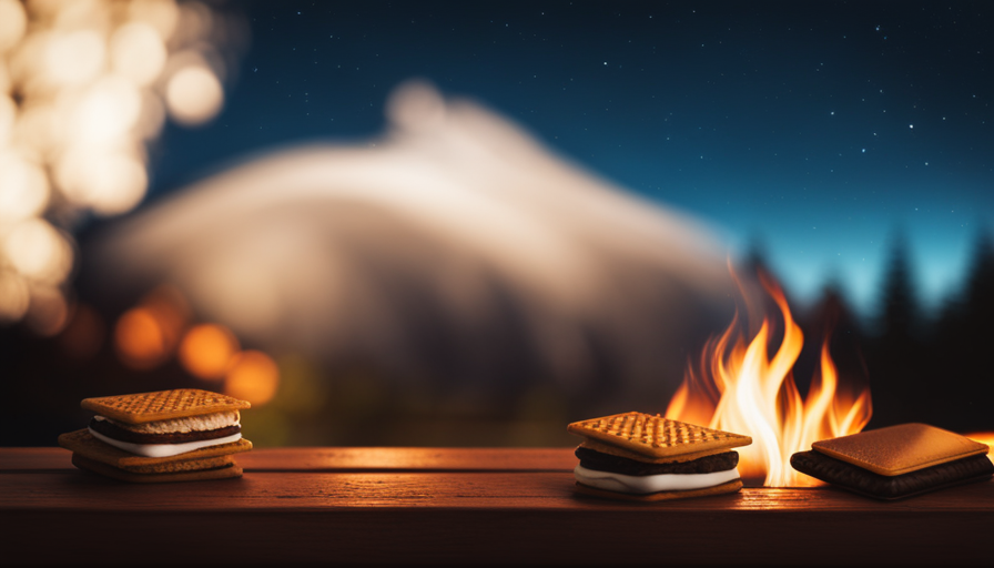 An image capturing the essence of a camper: A cozy tent nestled amidst towering pine trees, smoke swirling from a crackling campfire, a starry night sky illuminating a rustic wooden picnic table with an inviting spread of s'mores
