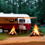 An image showcasing a cozy, rustic campsite scene: a crackling bonfire surrounded by log benches, a vintage camper with wooden paneling and a colorful awning, and lush green trees in the background