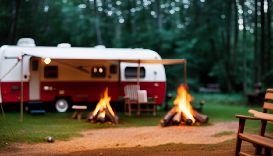 An image showcasing a cozy, rustic campsite scene: a crackling bonfire surrounded by log benches, a vintage camper with wooden paneling and a colorful awning, and lush green trees in the background