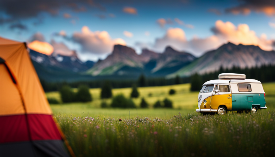 An image showcasing a vibrant outdoor scene with a camper van parked in the foreground, surrounded by picturesque landscapes
