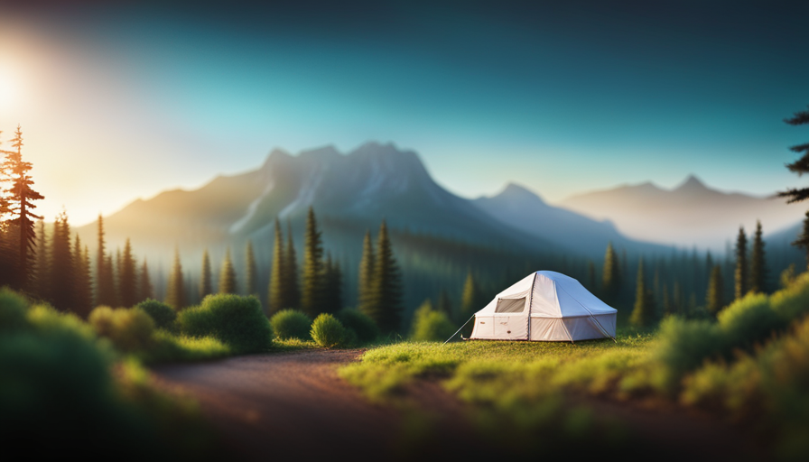 Create an image depicting a serene campsite scene with a pop-up camper nestled among lush trees