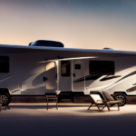 An image showcasing a spacious, luxurious 5th wheel camper with a sleek, aerodynamic design