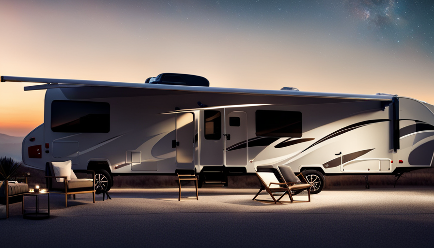 An image showcasing a spacious, luxurious 5th wheel camper with a sleek, aerodynamic design