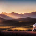 An image showcasing an idyllic camping scene at sunset, featuring a sleek and modern camper from a renowned brand