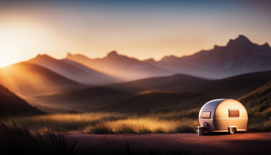 An image showcasing an idyllic camping scene at sunset, featuring a sleek and modern camper from a renowned brand