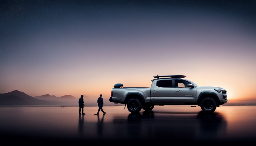 An image showcasing a sleek, black Toyota Tacoma fitted with a custom-made, aerodynamic camper shell