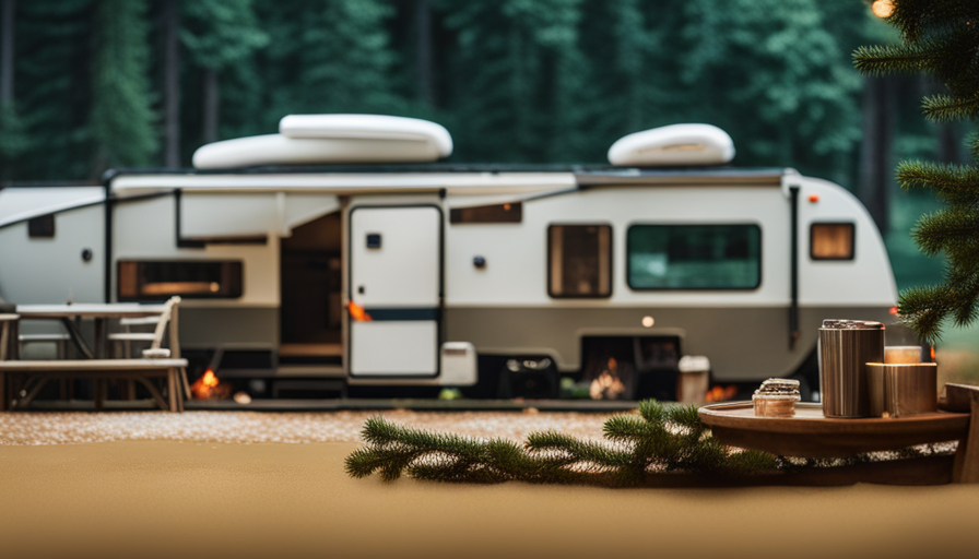 An image showcasing a cozy, rustic camper nestled amidst towering pine trees, surrounded by a serene lake with a dock