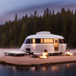 An image showcasing a luxurious fifth-wheel camper parked by a serene lakeside, its sleek design and spacious layout highlighted amidst a backdrop of tall trees, inviting viewers to explore the best of outdoor living