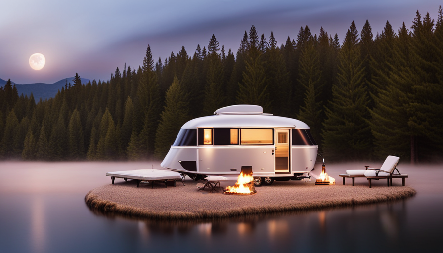 An image showcasing a luxurious fifth-wheel camper parked by a serene lakeside, its sleek design and spacious layout highlighted amidst a backdrop of tall trees, inviting viewers to explore the best of outdoor living