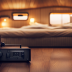 An image showcasing a cozy camper interior with a compact, energy-efficient heater mounted securely on the wall