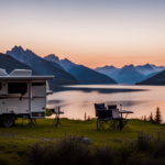 An image showcasing a stunning landscape with a rugged, durable truck camper parked on a serene lakeshore