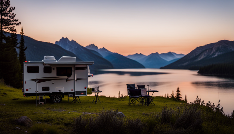 An image showcasing a stunning landscape with a rugged, durable truck camper parked on a serene lakeshore