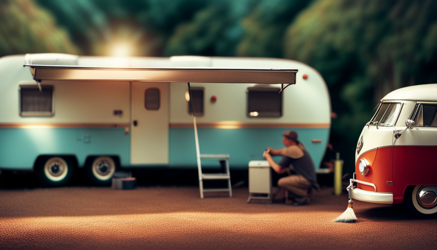 An image showcasing a gleaming camper exterior, bathed in sunlight