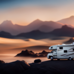 An image showcasing a colossal 5th wheel camper, towering over the horizon
