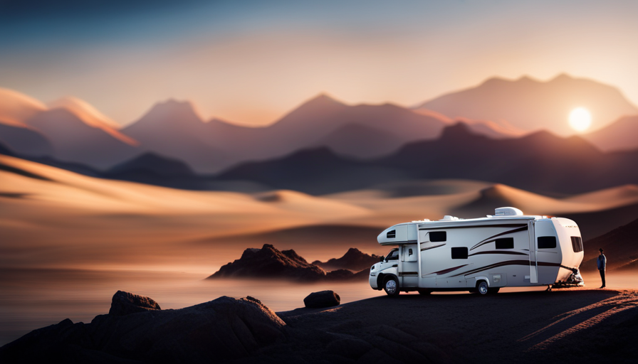 An image showcasing a colossal 5th wheel camper, towering over the horizon