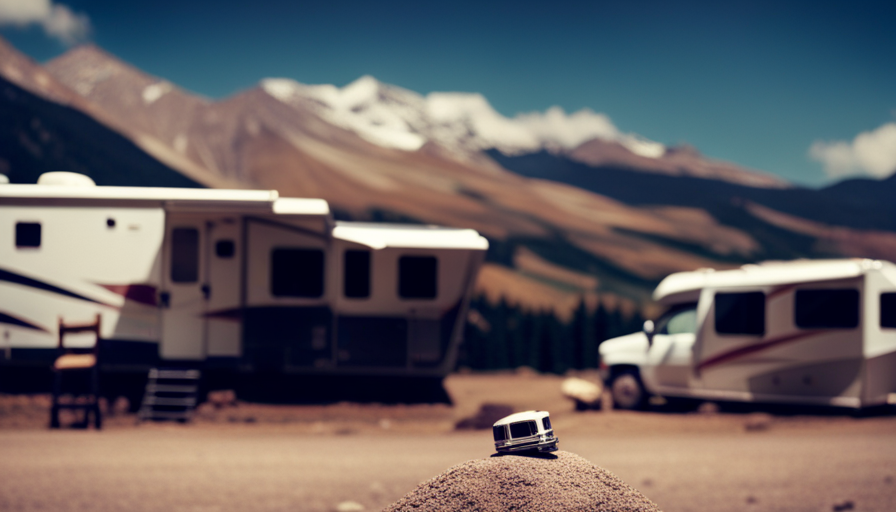 An image showcasing a sprawling campground with a colossal fifth wheel camper towering over smaller units like a majestic giant