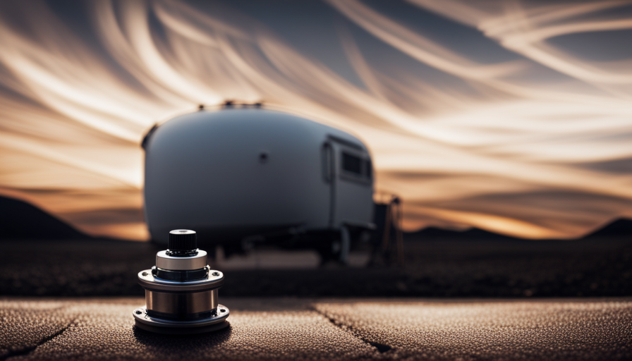 An image featuring a close-up of the underbelly of a camper, showcasing a sleek, cylindrical black tank with a visible pipe network, nestled amidst metal brackets, valves, and a sturdy drain plug