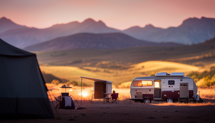 An image showcasing a rustic, compact camper nestled amidst breathtaking landscapes, boasting minimalist yet cozy interiors adorned with vibrant tapestries, solar panels, and a charming foldable awning, representing the essence of affordability and adventure