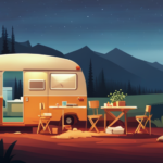 An image showcasing a cozy, compact camper parked in a serene, forested campground