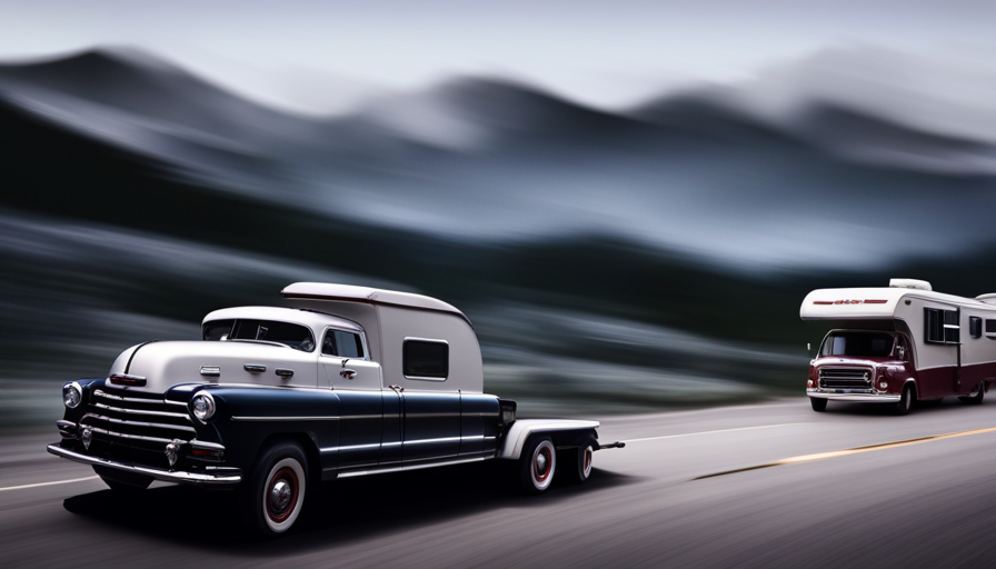 An image showcasing a sturdy Chevy 1500 truck effortlessly towing a spacious camper trailer