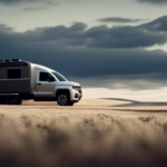An image capturing a powerful Chevy Silverado 1500 effortlessly towing a spacious and sturdy camper, showcasing the perfect match between the truck's robust frame, muscular tires, and the camper's generous size and weight