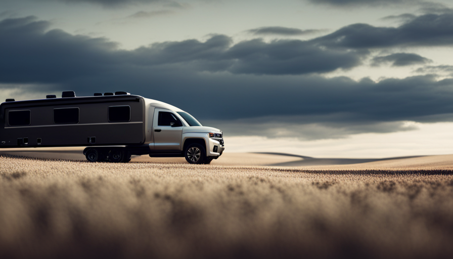An image capturing a powerful Chevy Silverado 1500 effortlessly towing a spacious and sturdy camper, showcasing the perfect match between the truck's robust frame, muscular tires, and the camper's generous size and weight