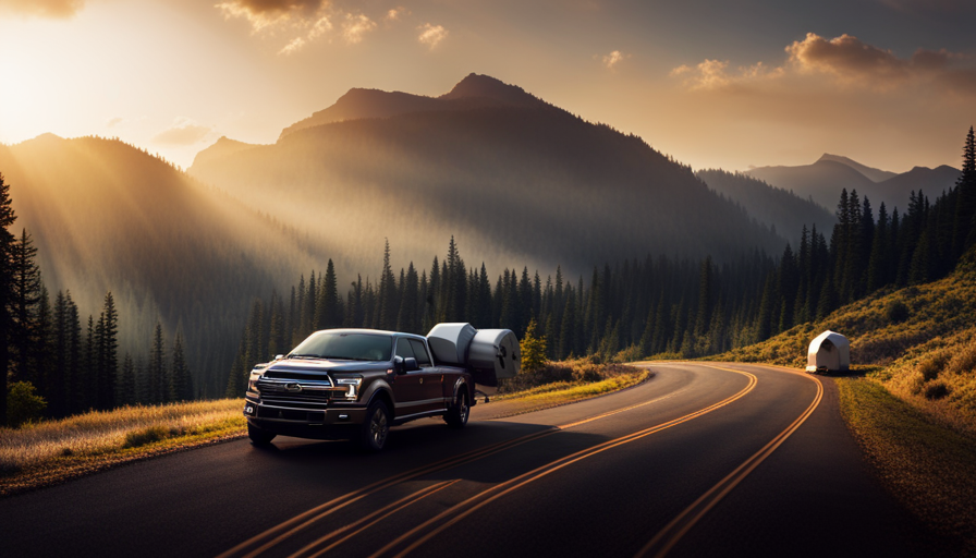An image showcasing a Ford F150 effortlessly towing a spacious 25-foot camper along a scenic mountain road, conveying the truck's impressive towing capacity without the need for words