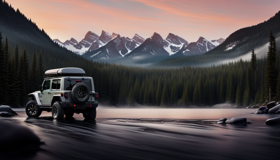 An image showcasing a Jeep Wrangler effortlessly towing a compact camper, highlighting the vehicle's sturdy frame, powerful engine, and hitch system