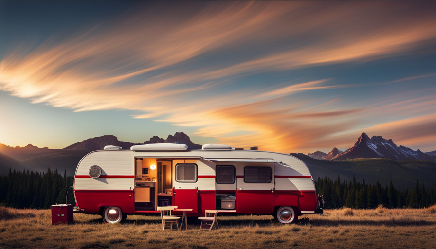 An image showcasing a spacious camper surrounded by various electric appliances such as a fridge, air conditioner, and entertainment system