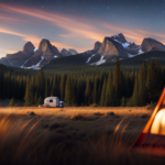 An image showcasing a 30 ft camper surrounded by the picturesque wilderness, with a powerful generator stationed nearby