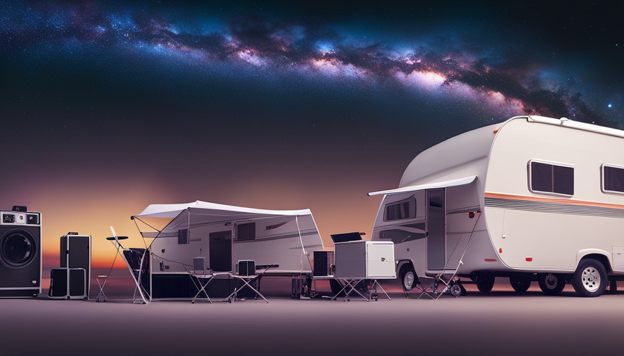A visual representation of a pop-up camper surrounded by various-sized generators