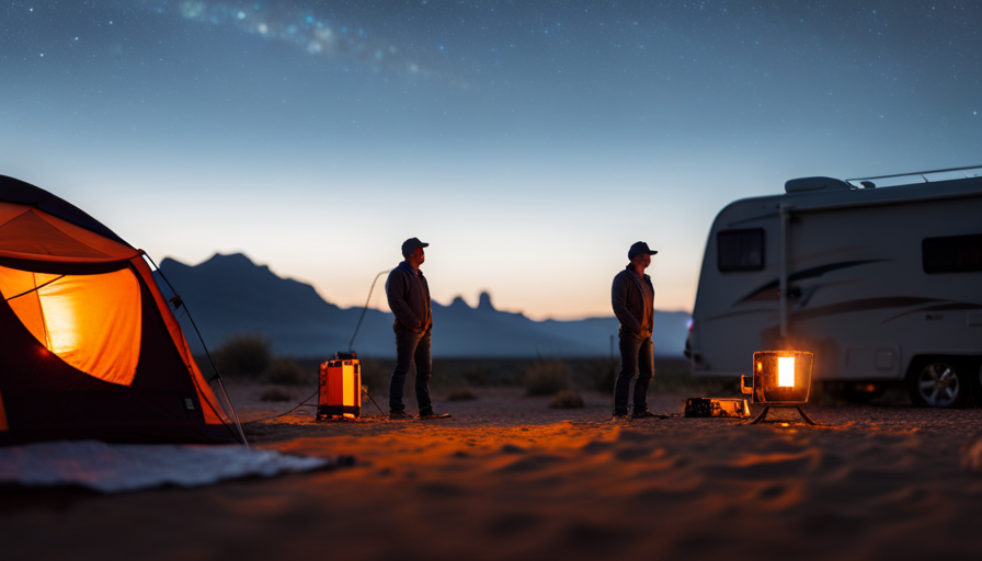 An image showcasing a camper surrounded by various-sized generators, highlighting their distinct features such as wattage, noise level, and portability