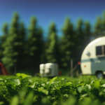 An image portraying a campsite with a cozy camper surrounded by lush greenery