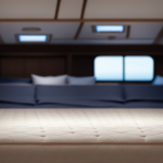 An image showcasing a cozy, spacious camper interior with a luxurious king-size mattress fitted perfectly within the sleeping area