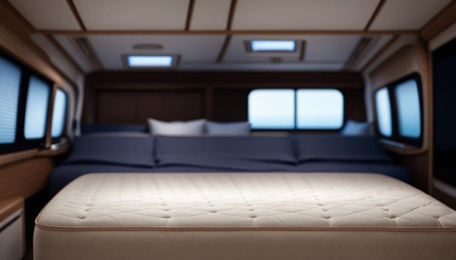 An image showcasing a cozy, spacious camper interior with a luxurious king-size mattress fitted perfectly within the sleeping area