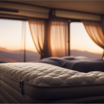 An image showcasing a cozy camper interior with a queen-sized mattress