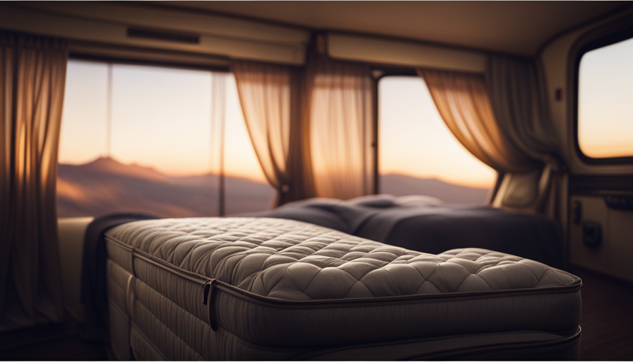 An image showcasing a cozy camper interior with a queen-sized mattress
