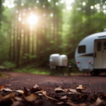An image showcasing a compact camper parked in a serene forest setting, with a powerful generator discreetly tucked near its rear, ensuring all appliances, air conditioning, and lighting are effortlessly powered during your outdoor adventures