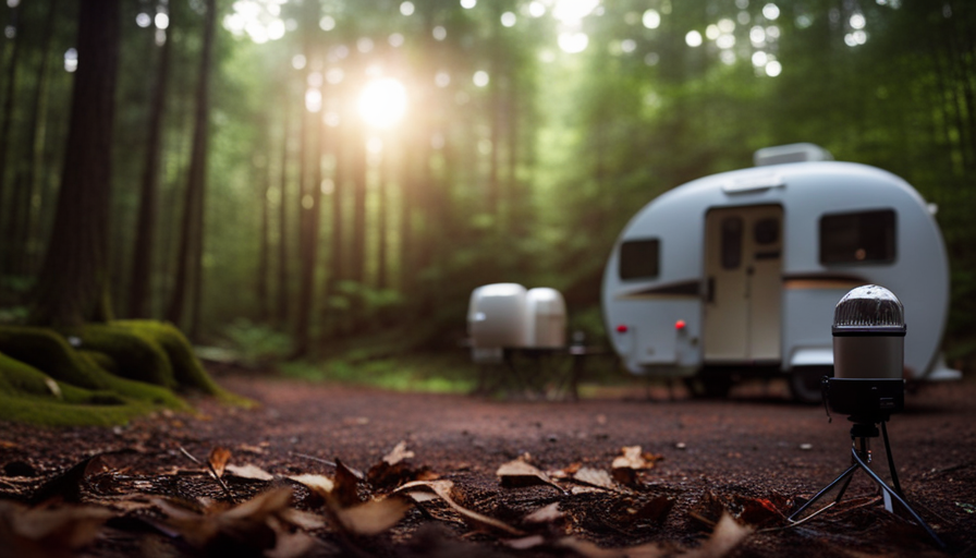 An image showcasing a compact camper parked in a serene forest setting, with a powerful generator discreetly tucked near its rear, ensuring all appliances, air conditioning, and lighting are effortlessly powered during your outdoor adventures