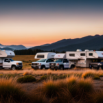 An image displaying a variety of truck campers parked beside different types of trucks, showcasing their sizes and dimensions
