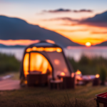 An image showcasing a serene lakeside campground scene with a vibrant sunset backdrop